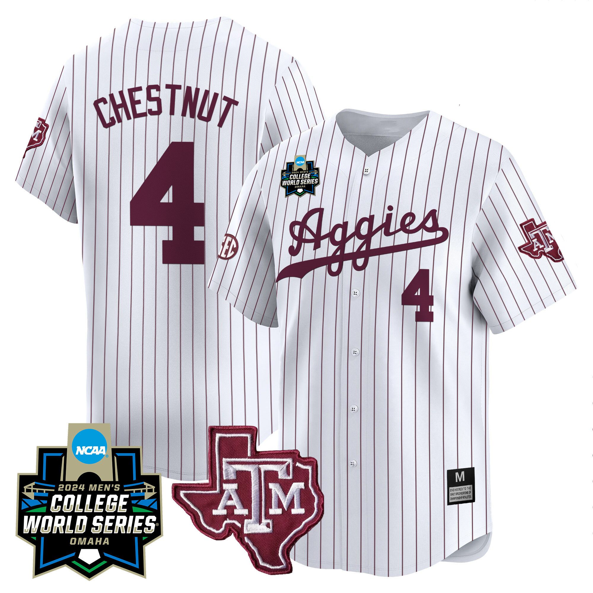 Men Texas A&M Aggies #4 Chestnut White Stripe 2024 College World Series Vapor Premier Limited NCAA Jersey